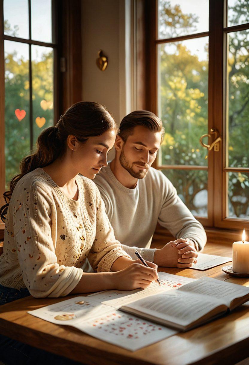 A serene couple sitting together, reviewing a financial plan, surrounded by symbols of love and protection like hearts and shields. A warm glow emanates from a nearby window, illustrating a secure home. Infographics highlighting relationship insurance and financial stability are subtly integrated into the background. The overall tone should evoke trust and warmth. super-realistic. soft colors. cozy setting.