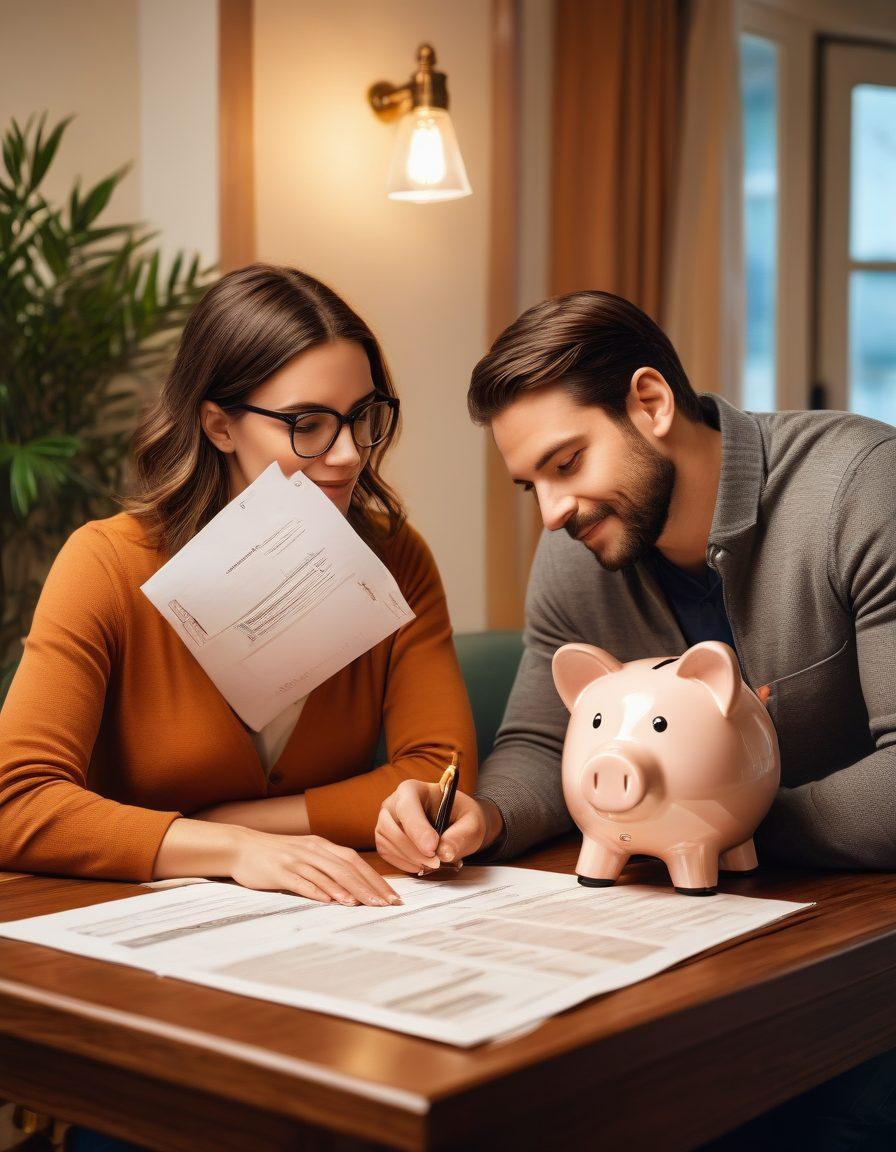 A cozy scene of a couple sitting together at a desk, reviewing financial documents with expressions of trust and teamwork. Surrounding them are symbols of security like a shield, a piggy bank, and blueprints representing future plans. Soft, warm lighting enhances the atmosphere of comfort and collaboration, with a hint of greenery in the background suggesting growth. The overall vibe should be inviting and inspiring, symbolizing the journey from passion to protection in finances. warm colors, super-realistic.