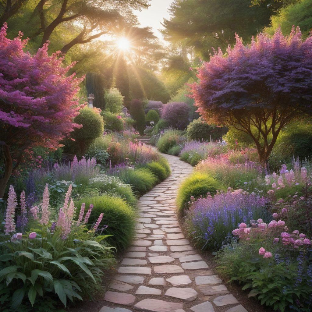 A romantic landscape featuring a winding path through a lush garden filled with diverse flowers symbolizing different stages of love. In the foreground, a couple holding hands and exploring the path, emitting an aura of devotion and partnership. Soft, warm lighting creating a dreamy atmosphere with gentle hues of pink and purple. super-realistic. vibrant colors. 